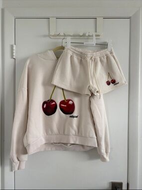 Edikted Cream Hoodie & Shorts Set with Cherry Graphic